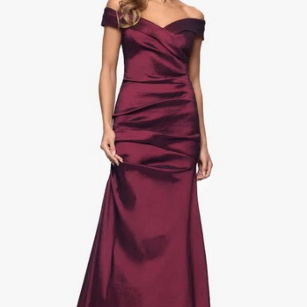 Xscape Wine Burgundy Off the Shoulder Taffeta Sheath Gown Dress